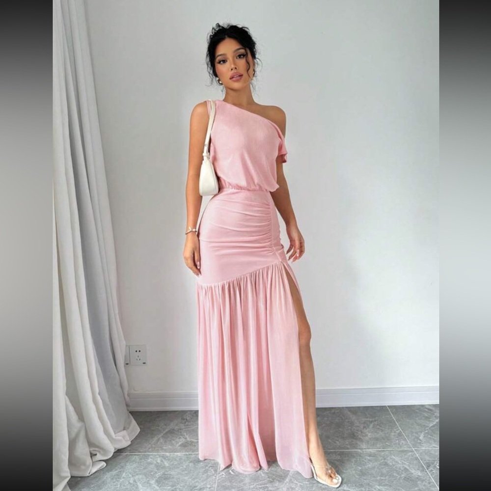 Summer Elegant Solid Color High Slit Oblique Shou… - image 3